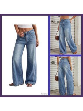 High Waisted Wide Leg Jeans Elastic Waist Button Fly Baggy Pants